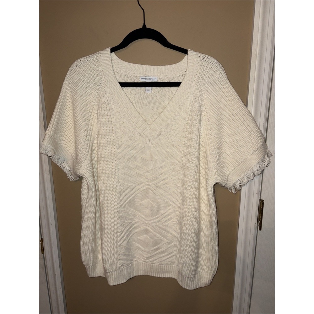 Canyon Retreat 1X V-Neck Raglan Sleeve Sweater Fringed Pullover Cream Denim & Co